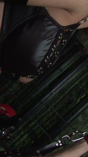 Busty brunette with a whip sucks and rides sex slave dude   Clip 2