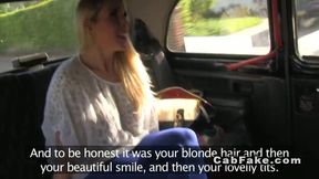 Busty blonde fucks in British cab in public