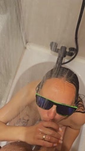 Sexy wife's wet bath blowjob and handjob with blazing nails