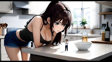 Tiny Man in Kitchen - AI Giantess Vore