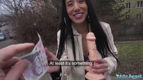 Asian girl sucks dildo in public and gets laid for cash