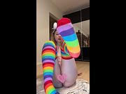 Thick legs spread wide in rainbow socks 🥰