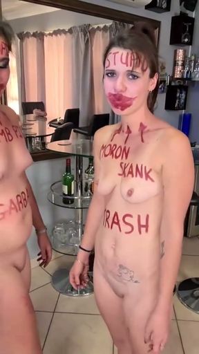 Two stupid whores doing stupid things, self humiliation, humiliating each other   Clip 2