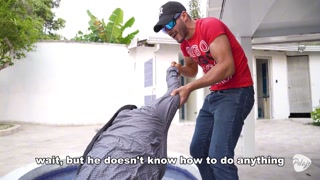Dumd milf gets a job as a pool attendant, boss finds her big tits; fucks her pussy until she squirts
