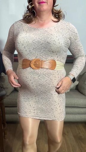 Sissy Crossdresser in Tan Pantyhose Using Her Magic Wand
