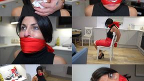 Sarah wild, agent red captured, chair tied and multi gagged with scarves and tape (wmv)