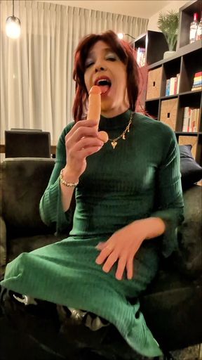 Sexy Italian MILF CD plays with her hard cock and slides a dildo up her ass