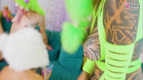 Heavily tattooed sluts in wild lesbian orgy with big toys
