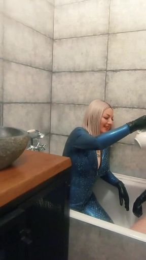 Bath Relax in Latex Rubber with Milk, Romantic Funny Fetish Video