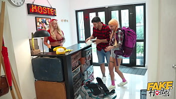 Fake Hostel - Quicky with sexy girlfriend turns into a threesome when busty MILF staff gets horny