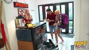 Fake Hostel - Quicky with sexy girlfriend turns into a threesome when busty MILF staff gets horny