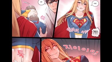Blonde superheroine in blue and red costume appears in digital comic panel with surprised man