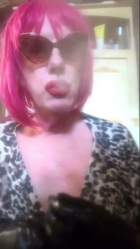 PINK HAIRED MATURE WHOLE SMOKING HER LONG VS120s AND PLAYING WITH NIPPLES