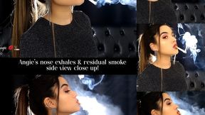 Angie's nose exhales & residual smoke side view and close up