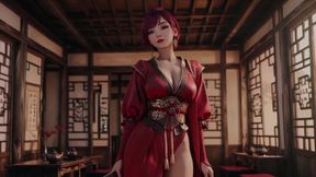 Red-haired Goddess in Oriental Seduction! the Ultimate Contrast Between the Chinese Pavilion and the Pristine White Bathroom.