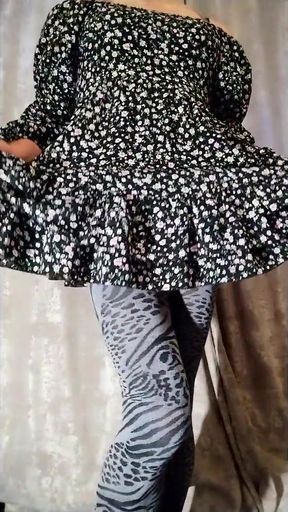 Sissy poses in fitness clothes, tights, and a short dress