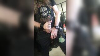 Longhairdude ginormous stream in thin denim, leather Biker cap, Wesco footwear, High Voltage Tat t-shirt