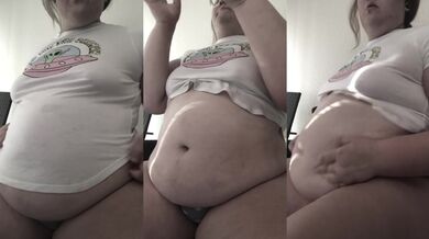 BBW feedee gags on her bloated belly button while playing with her fat belly