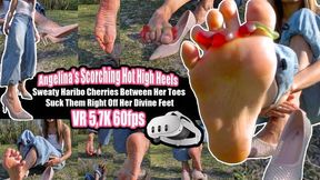VR 3D 5,7K 180 60 fps | Angelina's Sweaty Barefoot High Heels Foot Fetish: Haribo Cherry Gummies Between Toes – Lick, Suck & Worship Her Damp, Sticky Soles!