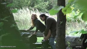 Russian redhead fucks her lover wildly at the forest (real voyeur)