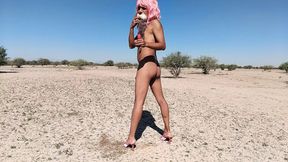 Cute naked slut in public with anal plug and heels very hot