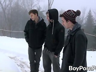 Cute twinks have a threeway in the cabin after taking a walk