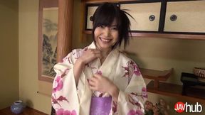 JAV babe Shino Aoi in kimono performs deep blowjob