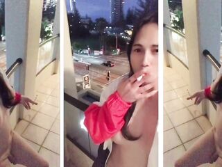 marvelous tranny shows in nature's garb in balcony whilst smokin'