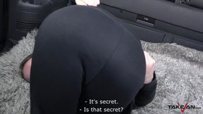 Skinny tramp is shaking her small tits on a massive dong in the van