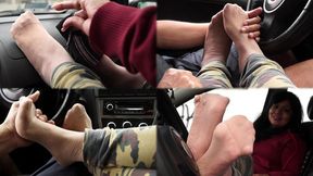 Naughty rubs, caresses and teases at car with Grecia nylon feet!