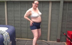 Big boobed wife in sexy denim shorts