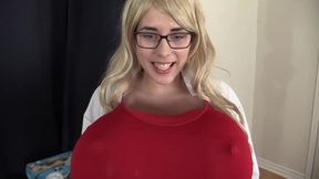 Nerdy Saffron as busty scientist - POV blowjob with cum in mouth