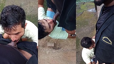 Segurança goza na boca do puto que ficou encarando