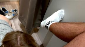 Risky public - Naughty girl plays with cock in the middle of clothing store - Gets rewarded doggy in changing room