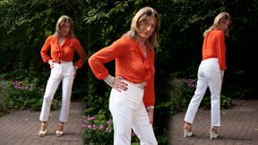 Garter Belt &amp; Nylon Stockings Under Sheer White Pants