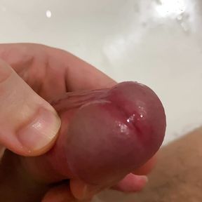 Close up masturbating in the shower, precum, edging, frenulum