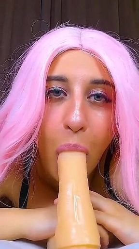 POV Pink Hair E-girl Slut Does Ahegao Face & Gags Hard While Giving Sloppy Blowjob to Huge Dildo