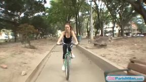 Busty fit teen slut cruises through the streets