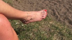 Mrs Mature Feet with her boobs and pussy out in the sun