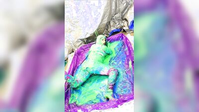 Dirty sluts Sissy fucks herself in the slime bath with a monster dildo