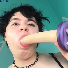 Ftm Boy Keith sucks several dildos deep and messily. Impressive throating skillz