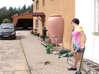 Hot German honey rides large dong in the backyard