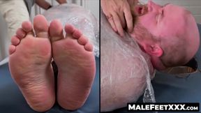 Fat Tommy's restraints in a feet tickle torment by a master's skilled hands