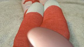 Tickled with a brush on my socked and unsocked soles while my ankles are tied