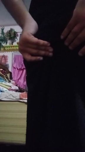 Indian Gay Crossdresser Bottom Gaurisissy Feeling Horny in Black Dress Real Homemade Sex