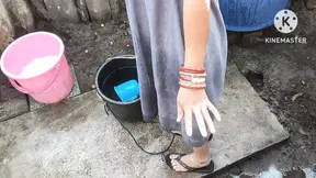 Indian bathing outside with hot boobs