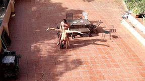 couple playing and fucking in the courtyard, outside