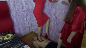 2 mistresses trampling their slave