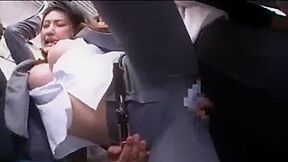 She takes out her tits, rubs them, gives her a hand job, and cums inside her.