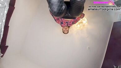 Gigantic girl shows her stinky dirty socks, sweaty Adidas shoes also her insoles sweaty feet